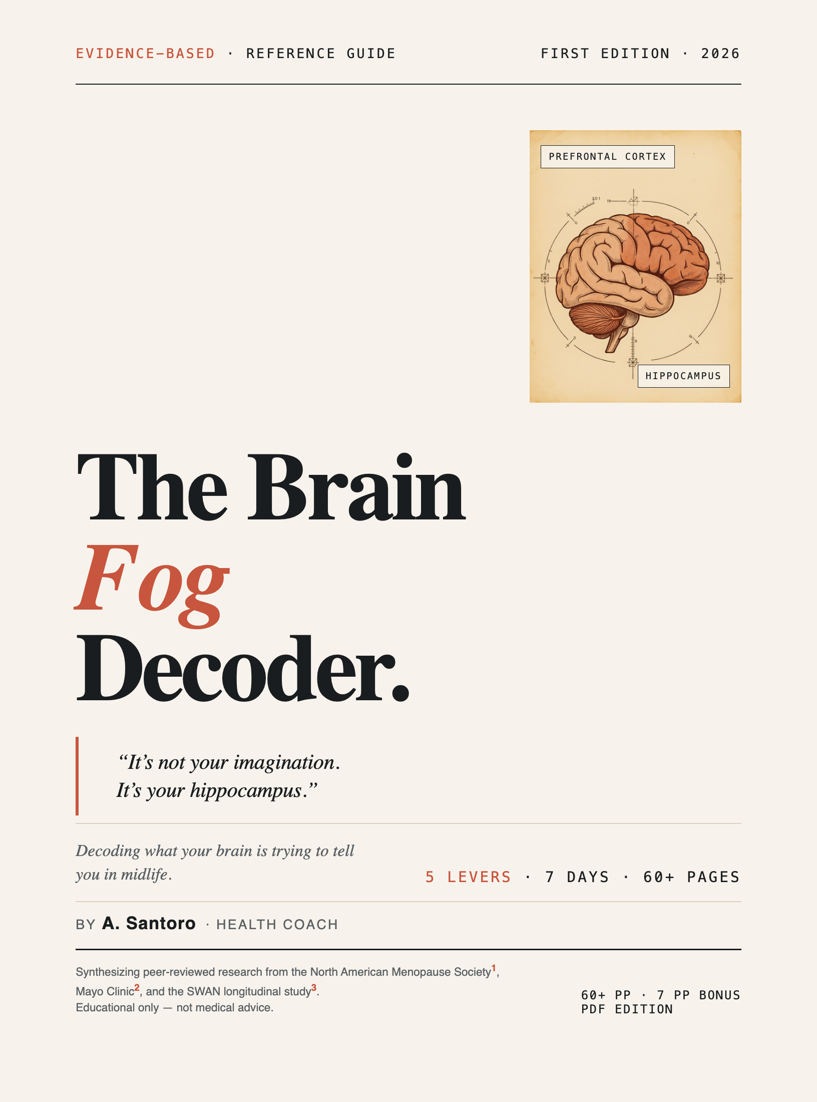 Cover of The Brain Fog Decoder — a 60-page evidence-based guide for perimenopause brain fog, featuring an anatomical brain illustration on a cream background with terracotta accents